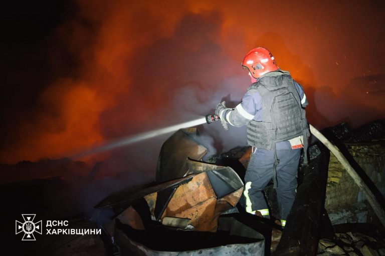 Пожежник у спеціальному спорядженні гасить пожежу зі шлангової лінії.
