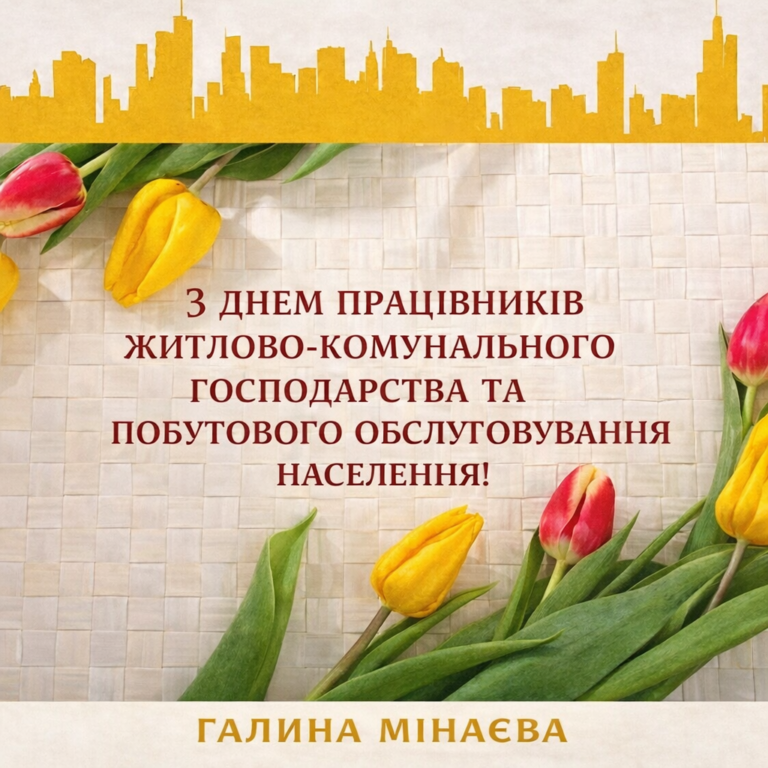 Тюльпани жовтого та рожевого кольору прикрашають напис із привітанням із Днем працівників житлово-комунального господарства та побутового обслуговування населення від Галини Мінаєвої.