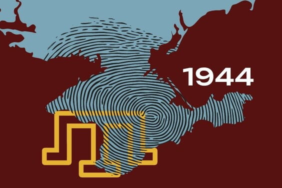 Карта України з відбитком пальця та жовтими лініями, рік 1944.