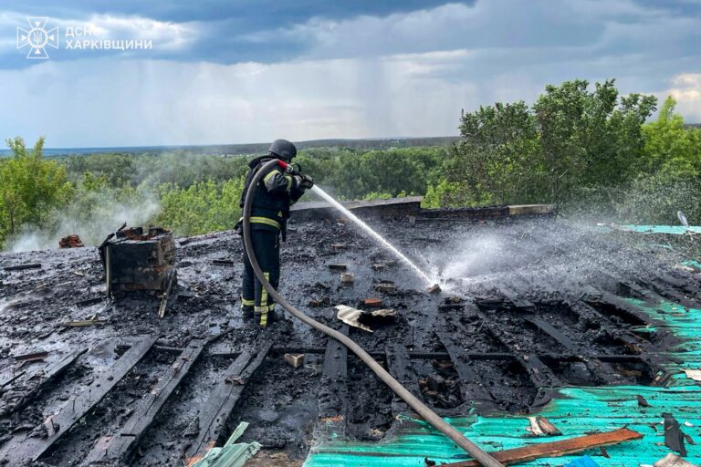 Пожегасник у спеціальній вогнестійкій формі та шоломі гасить пожежу на даху будівлі шляхом спрямування вогнегасної рідини із під’єднаного до гідранта шланга.