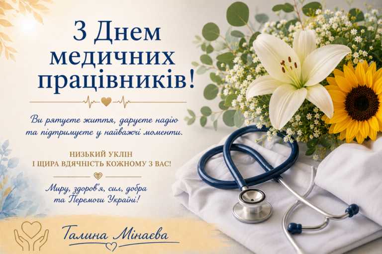 Вітальна листівка з нагоди Дня медичних працівників зі стетоскопом, квітами та текстом подяки за рятівну працю.