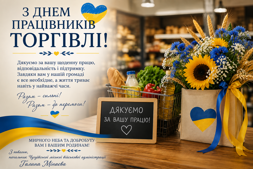 Вітальна листівка з Днем працівників торгівлі, на якій зображено кошик із продуктами, букет квітів у пакеті з українським серцем та напис 