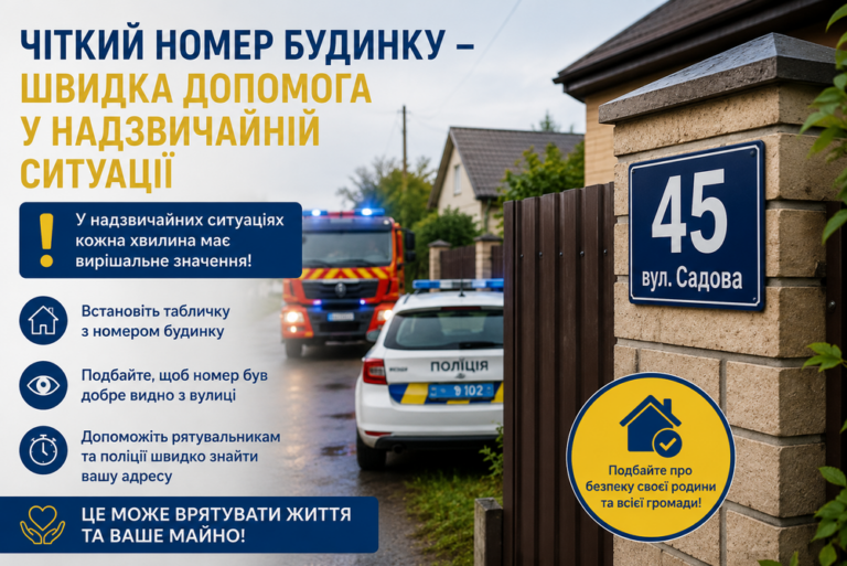 Інформаційний банер із заголовком «Чіткий номер будинку – швидка допомога у надзвичайній ситуації», що закликає встановити видимі таблички, як на прикладі номеру 45, для допомоги екстреним службам.