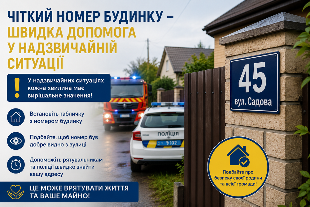 Інфографіка з заголовком «ЧІТКИЙ НОМЕР БУДИНКУ – ШВИДКА ДОПОМОГА У НАДЗВИЧАЙНІЙ СИТУАЦІЇ» закликає встановлювати чіткі номери будинків для швидкого реагування служб порятунку.