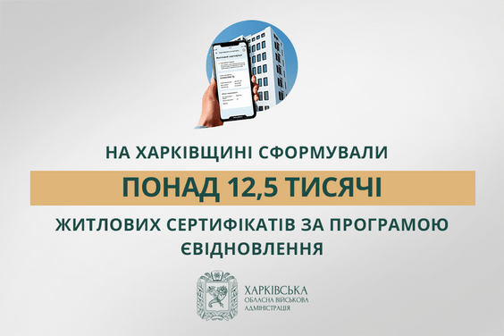 Інфографіка з логотипом Харківської ОВА, що повідомляє про формування понад 12,5 тисячі житлових сертифікатів за програмою «єВідновлення» на Харківщині.