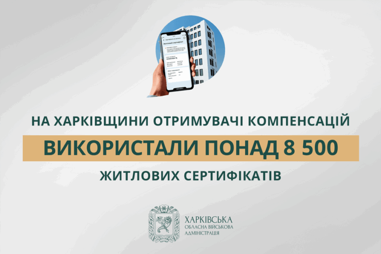 Інфографіка Харківської ОВА з текстом про використання понад 8500 житлових сертифікатів отримувачами компенсацій на Харківщині.
