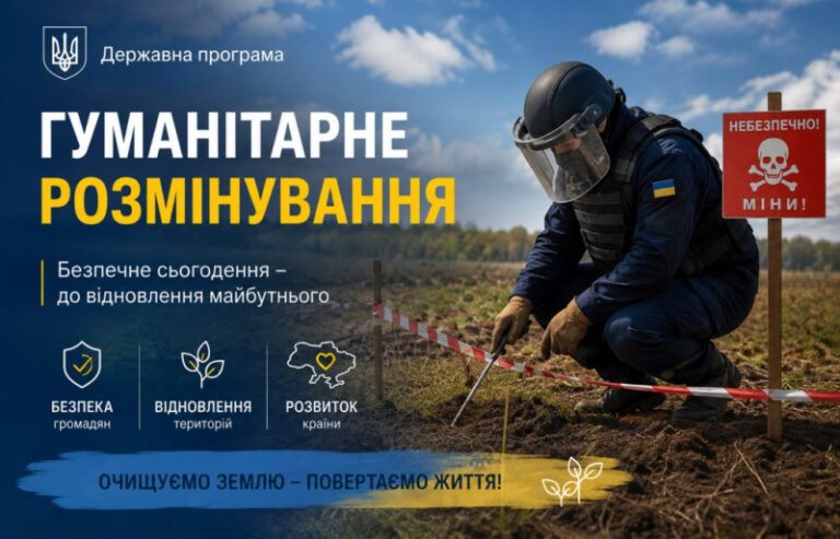 Плакат державної програми гуманітарного розмінування зображує сапера в захисному обладнанні, який шукає міни на полі біля попереджувального знака.