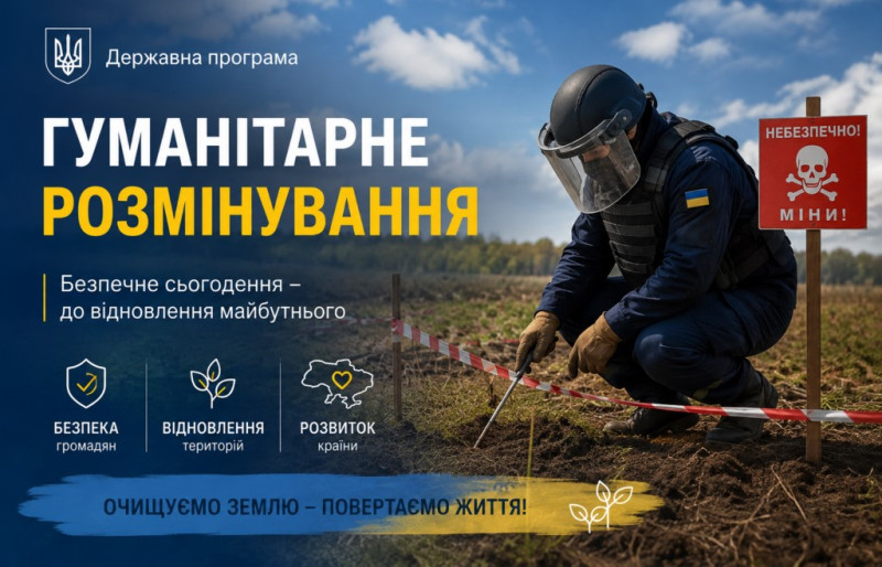 Плакат державної програми гуманітарного розмінування зображує сапера в захисному обладнанні, який шукає міни на полі біля попереджувального знака.