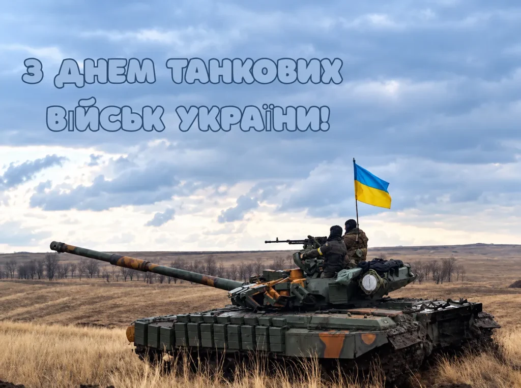 Український танк з двома військовослужбовцями та прапором на тлі тексту "З Днем танкових військ України!"
