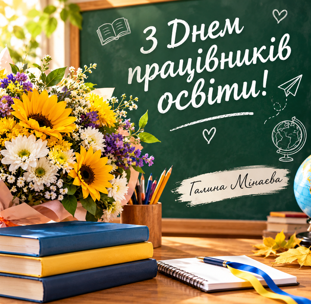 Вітальна листівка з написом «З Днем працівників освіти!» та підписом «Галина Мінаєва», оформлена букетом квітів, книгами та шкільними приладами на фоні дошки.